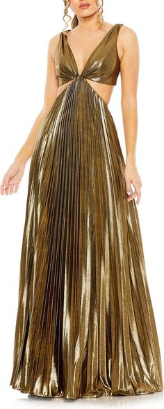 Ieena for Mac Duggal Pleated Cutout Gown | Nordstrom Metallic Prom Dresses, Cutout Gown, Prom Designs, Designer Prom Dresses, Stunning Gowns, Mac Duggal, Metallic Fabric, Tea Length Dresses, A Line Gown