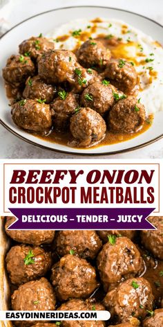 beefy onion crockpot meatballs with gravy on top