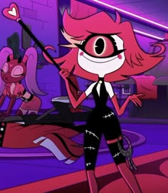 an animated character with pink hair and black clothes, holding a wand in her hand