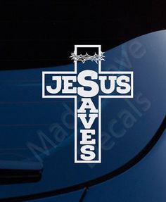 a sticker with the words jesus saves on it's cross is shown in white