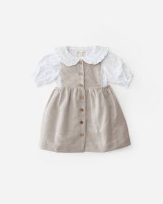 Valentina Set – Grey Elephant Linen Pinafore Dress, Linen Pinafore, Grey Elephant, Wood Buttons, Pinafore Dress, Ruffled Sleeves, White Blouse, Spring Time, Baby Fashion