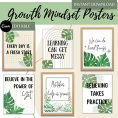 the printable poster set includes four different posters, including one with words and leaves