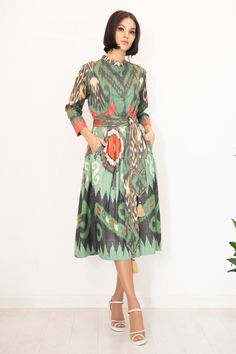 Ikat Shirt Dress with Sash – NOMADIC Ikkat Dresses, Green Ikat, Occasion Outfit, Ikat Dress, Silk Ikat, Special Occasion Outfits, One Clothing, Handmade Dresses, Maxi Wrap Dress