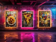 three paintings are displayed in front of a wall with neon lights on the walls and floor