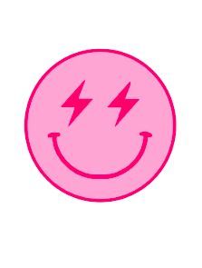 a pink smiley face with two lightnings on it