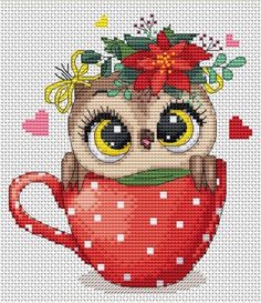 an owl with big eyes is sitting in a red cup and has flowers on its head