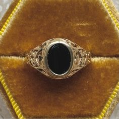 We Love How The Oval Black Onyx Makes The Yellow Gold Filigree In This Ring Pop. Truly A Stunning Piece. 10k Yellow Gold Onyx 7x6mm Size 6 Weight 2.3 Grams All Measurements Are Approximate Excellent Vintage Condition Gold Box Sold Separate Edwardian / Signet / Modern Signet Rings Women Vintage Onyx, Ring Pop, Gold Box, Ring Color, Gold Filigree, Vintage Ring, Ring Vintage, Womens Jewelry Rings, Solitaire Ring