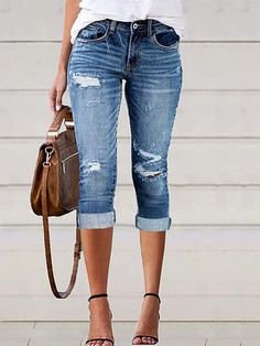 Blue Casual Solid Plain Jeans Plain Jeans, Denim Capri Pants, Denim Capri, Low Waist Jeans, Casual Chique, Solid Color Pants, Denim Capris, Denim Chic, High Waisted Jean Shorts