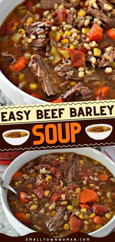 beef barley soup with carrots and corn in a white bowl