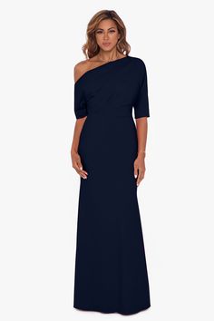 "Madeline" Long Scuba Crepe Off the Shoulder Drop Dress – Betsy & Adam Fitted Boat Neck Evening Dress For Gala, Formal Fitted Evening Dress With Boat Neck, Elegant Blue Maxi Dress, Stretch Boat Neck Evening Dress, Formal Sheath Maxi Dress Lined, Formal Dresses With Asymmetrical Neckline And Elastane Material, All White Party Dresses, Missy Dresses, Neutral Dresses