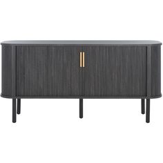 the sideboard is made from dark wood and has two brass handles on each side