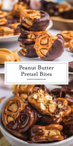 peanut butter pretzel bites stacked on top of each other in a white bowl