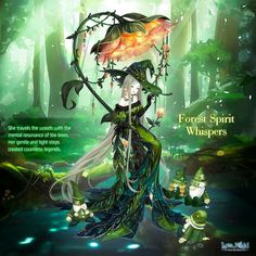 a woman in a forest holding an umbrella with the words forest spirit whispers on it