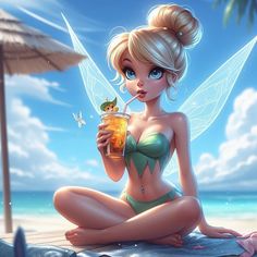 a beautiful young lady sitting on top of a sandy beach holding a drink in her hand