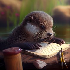 an otter is sitting at a desk with a book and pencil in its paws, while another otter looks on