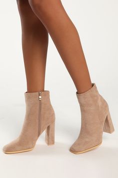 The Lulus Andies Taupe Suede Mid-Calf Square Toe Booties are an absolute wardrobe staple for every sophisticated IT girl! Suave faux suede shapes these cute boots that have a square toe upper that rises to a 5"" mid-calf shaft, all secured by a 7"" zipper at the instep. An sturdy, sleek wrapped block heel adds some pep to your stride! 4" wrapped block heel. Cushioned insole. Felted rubber sole has nonskid markings. All Man Made Materials. Imported. Lulus | Andies Taupe Suede Mid-Calf Square Toe Booties | Size 9. Square Toe Ankle Boots, Mom Shoes, Taupe Heels, Fall Booties, Fab Shoes, Winter Shoes For Women, Square Toe Boots, Cute Boots, Fall Shoes