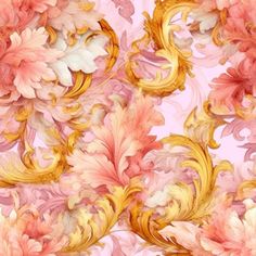 a pink and yellow floral wallpaper with large flowers on the bottom half of it