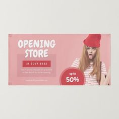 a woman in a red hat is holding up a pink sign with the words opening store on it