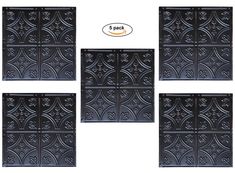 six black metal door panels with ornate designs on each side and an oval sticker above them