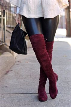 Paisley Slim Fit Flat Heel Boots Burgundy Boots Outfit, Ideas Fiesta, High Boots Outfit, Burgundy Boots, Thick Leggings, Flat Heel Boots, Red Boots, Boots Fall, Heel Boots