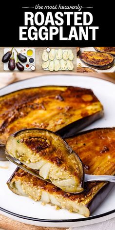 an eggplant on a white plate with the title roasted eggplant