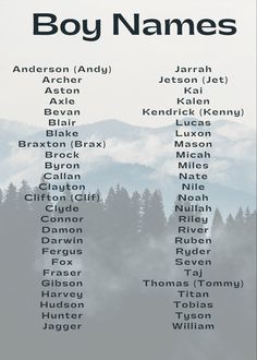 an image of the names of boys names in front of mountains and foggy sky