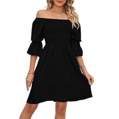 Black Pleated Square Neck Puff Sleeve Dress Black Mini Puff Sleeve Dress For Brunch, Black Fitted Puff Sleeve Dress For Day Out, Knee-length Black Puff Sleeve Dress For Brunch, Black Knee-length Puff Sleeve Dress For Brunch, Casual Black Puff Sleeve Dress For Brunch, Casual Black Puff Sleeve Dress For Date Night, Square Neck Puff Sleeve Dress, Dress Graduation, Dress Night