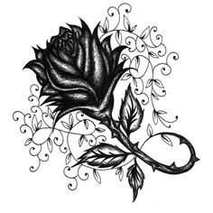 a drawing of a black rose with leaves and swirls on the side, done in ink