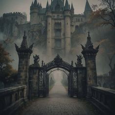 an image of a castle entrance with fog in the air and trees on either side