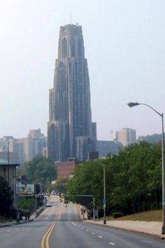 an empty city street with tall buildings in the backgroung and trees on both sides