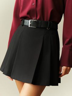 Mini skirt with large pleats on the sides :: LICHI - Online fashion store Chic Fitted Pleated Skirt With Belt Loops, Black Pleated Skirt With Belt Loops For Work, Workwear Pleated Skirt With Belt Loops, Short Length, Workwear Short Pleated Skirt With Belt Loops, Elegant High Waist Mini Skirt With Belt Loops, Edgy Pleated Skort For Fall, Elegant Mini Pleated Skirt For Work, Formal Mini Pleated Skort, Formal Mini Length Pleated Skort