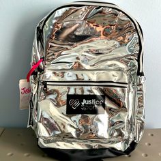 Justice Sport Brand Backpack - Reflective Silver With Separator Pocket 17” Silver School Backpack, Silver Standard School Backpack, Casual Silver Backpack For School, Justice Backpacks, Justice Accessories, Monogram Backpack, Sports Brands, Kids Accessories, Kids Shop