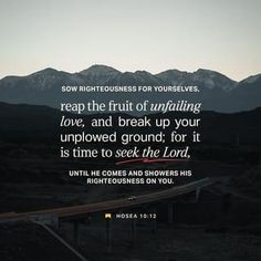 a road with mountains in the background and a bible verse written on it that reads, reap the fruit of unfailing love, and break up your unplowed ground for it is time to seek the lord