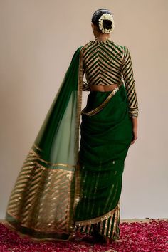 Dark green saree with striped pattern gota work and soft organza pallu. Comes with coordinating gota work blouse. - Aza Fashions Dark Green Saree, Gota Work, Sarees Silk, Green Saree, Blouse For Women, Work Sarees, Saree With Blouse, Green Silk, Work Blouse