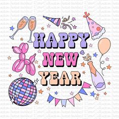 happy new year clipart with party hats and balloons, stars and confetti