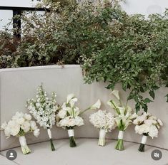 a bunch of flowers sitting on top of a white bench next to a planter