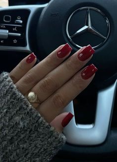 Short Square January Nails, Autumn Nails Ideas Short, Square Red Nails Acrylic, Nails Short Red Dark, Dark Nails Inspiration Square, Red Nails Painted, Monthly Nail Ideas, Red Short Nails Square, Old Money Nails Short Square