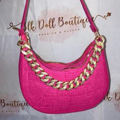 Prettypink Handbag With Gold Chain Attached To It . Hot Pink Purse With Chains From Urban, Navy Clutch, Carmel Brown, Gucci Sylvie, Handbag Boutique, Vintage Kiss, Satin Hands, Summer Purses, Tan Handbags