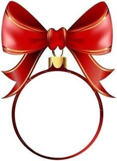 a red bow on top of a round object with a gold ring around it's neck