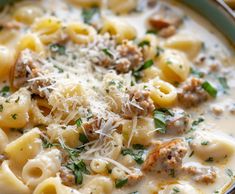 a bowl of pasta soup with sausage and parmesan cheese on top, ready to be eaten