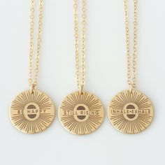 "Our large sunshine mantra necklace is sure to brighten your day! Choose from the mantras provided or personalize with a name, date, saying of your choice. They are great for layering, a wonderful minimalist piece, perfect gift for your wife, girlfriend or simply to treat yourself! Engraved and hand assembled with care and love, it comes in 14k gold fill, rose gold fill, or sterling silver. HOW - TO - ORDER 1. Select your options from the drop down menu 2. Chain length options are 16\", 18\", 20 Gold Sun Necklace, Happy Sunshine, Sunshine Necklace, Sun Necklace, Inhale Exhale, Hand Stamped Necklace, Gold Sun, Great Teacher Gifts, Monogram Jewelry