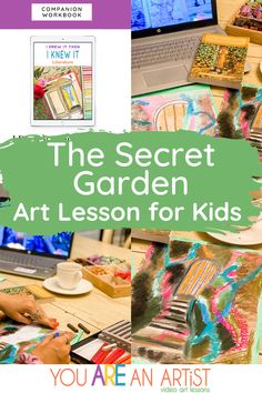 the secret garden art lesson for kids is on display in front of a laptop computer