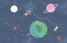 an image of children's wallpaper with planets and rockets in the night sky