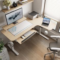 a computer desk with two monitors and a keyboard