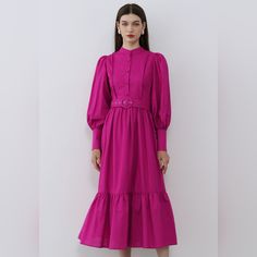 Nwt Chic Wish Lantern Sleeve Button Down Linen-Blend Midi Dress In Magenta Sz M Infuse Your Wardrobe With Effortless Elegance In This Dress. Featuring Lantern Sleeves And A Classic Button Front Design, This Dress Melds Vintage Charm With Modern Comfort. Crafted From A Breezy Linen Blend, It's Both Breathable And Stylish. Ideal For Daytime Events Or Casual Outings. Seam Details Lantern Sleeves Buttoned Cuffs Belt Accompanied Frilling Hem Buttons Fastening Concealed Side Zip Closure Lined 45% Line Pink Button-up Midi Dress, Pink Button-up Midi Dress With Button Closure, Pink Belted Midi Dress For Daywear, Pink Buttoned Knee-length Midi Dress, Pink Knee-length Buttoned Midi Dress, Pink Midi Dress With Button Closure For Daywear, Pink Knee-length Midi Dress With Buttons, Pink Button-up Midi Dress For Daywear, Pink Knee-length Shirt Dress With Buttons