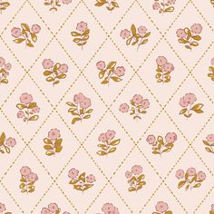 a pink and gold flower pattern on a light pink background with diamond - shaped squares