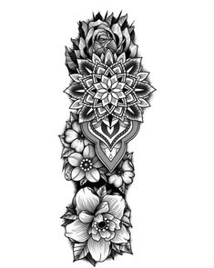 a black and white tattoo design with flowers