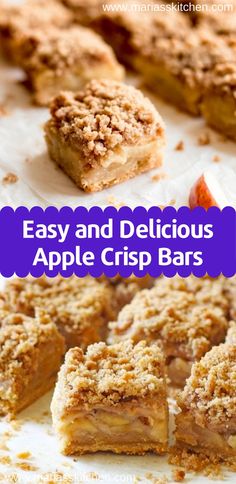 easy and delicious apple crisp bars with crumbled toppings on parchment paper, ready to be eaten