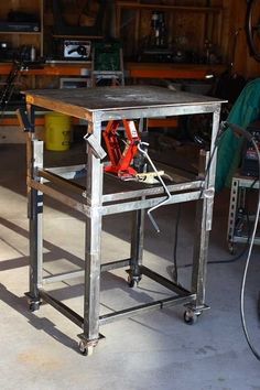 a workbench with tools on it in a garage