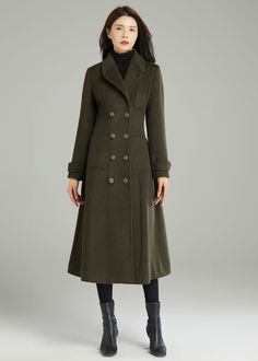 "Army green long size Wool Coat for women, wool military coat, women's winter coat. Perfect for cold weather and fall.This long wool coat is made of high quality fabric, soft and comfortable to wear, wearing warm in winter. You can choose the one you like and make it unique. ★★ FEATURES 50% wool, 50% fiber, nylon Polyester lining Two pockets Button closure Long sleeve wool coat Army green wool coat Wool Military coat Perfect for winter, autumn Dry clean ★★Mode size Height 170cm (5′ 7″) Bust 84 c Green Double-breasted Pea Coat For Fall, Double-breasted Green Pea Coat For Fall, Fitted Long Green Outerwear, Khaki Long Wool Coat For Fall, Green Wool Coat With Pockets For Fall, Green Wool Coat For Work, Green Pea Coat With Double Button Closure For Fall, Green Double Button Pea Coat For Fall, Green Long Outerwear For Workwear